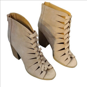 Qupid Tan Heeled Boots with Cut-Out Design